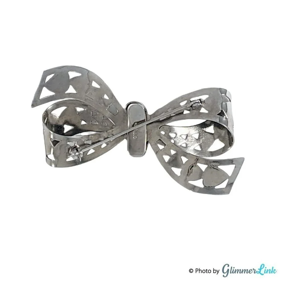 Vintage MARINO Silver Tone Bow Hearts Filigree Brooch